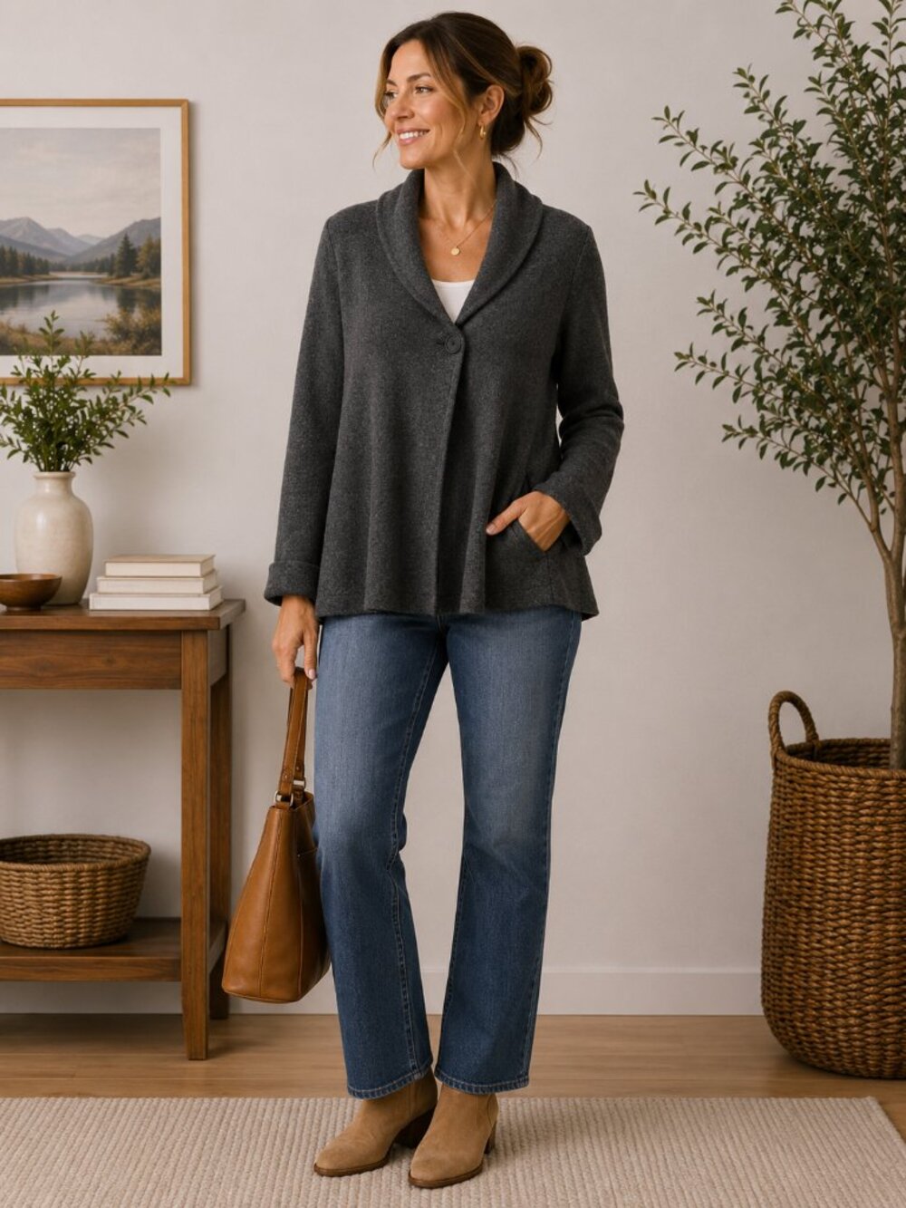 Chiaramente Made in Italy Wool Blend Cardigan Jacket L Gray Shawl Collar 1437